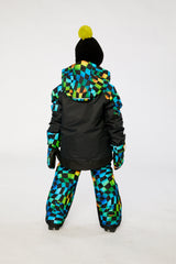 Child in the black and checkerboard PLAY snowsuit, back view
