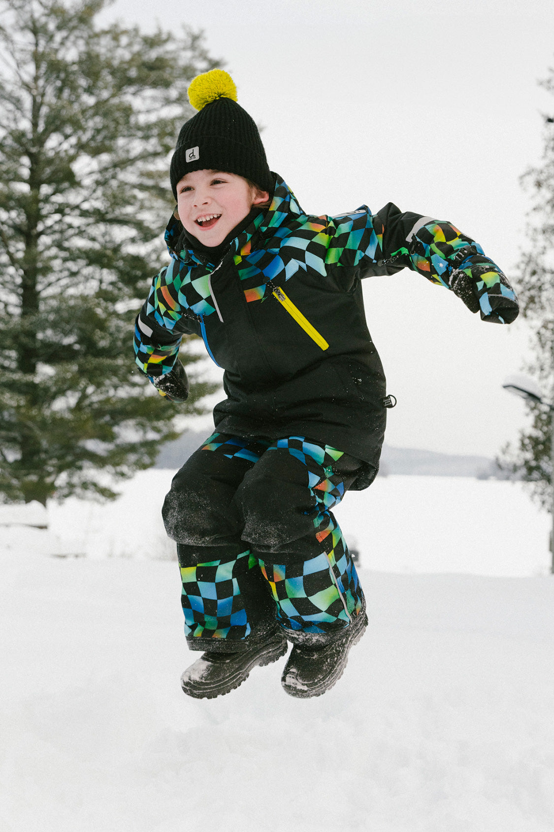 Two Piece Play Snowsuit Black Colorblock With Green Yellow And Blue Checkerboard Pants-1