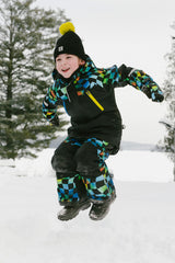 Two Piece Play Snowsuit Black Colorblock With Green Yellow And Blue Checkerboard Pants-1