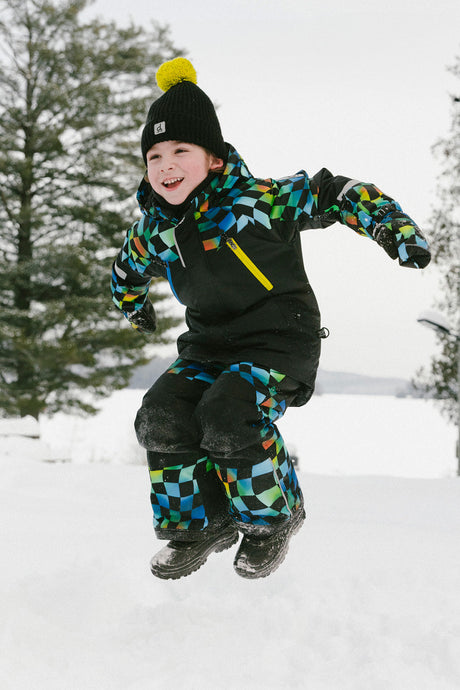 Two Piece Play Snowsuit Black Colorblock With Green Yellow And Blue Checkerboard Pants-1
