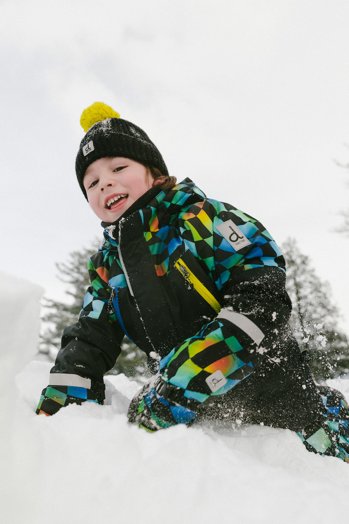 Two Piece Play Snowsuit Black Colorblock With Green Yellow And Blue Checkerboard Pants-2