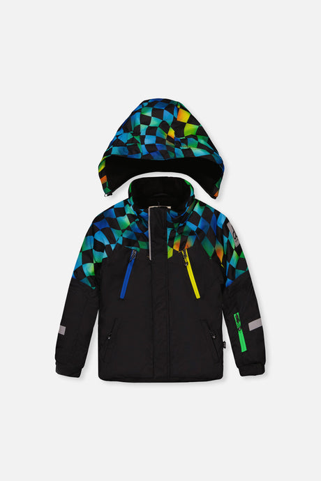 Deux par Deux black colorblock PLAY snowsuit with checkerboard pants, product photo 2