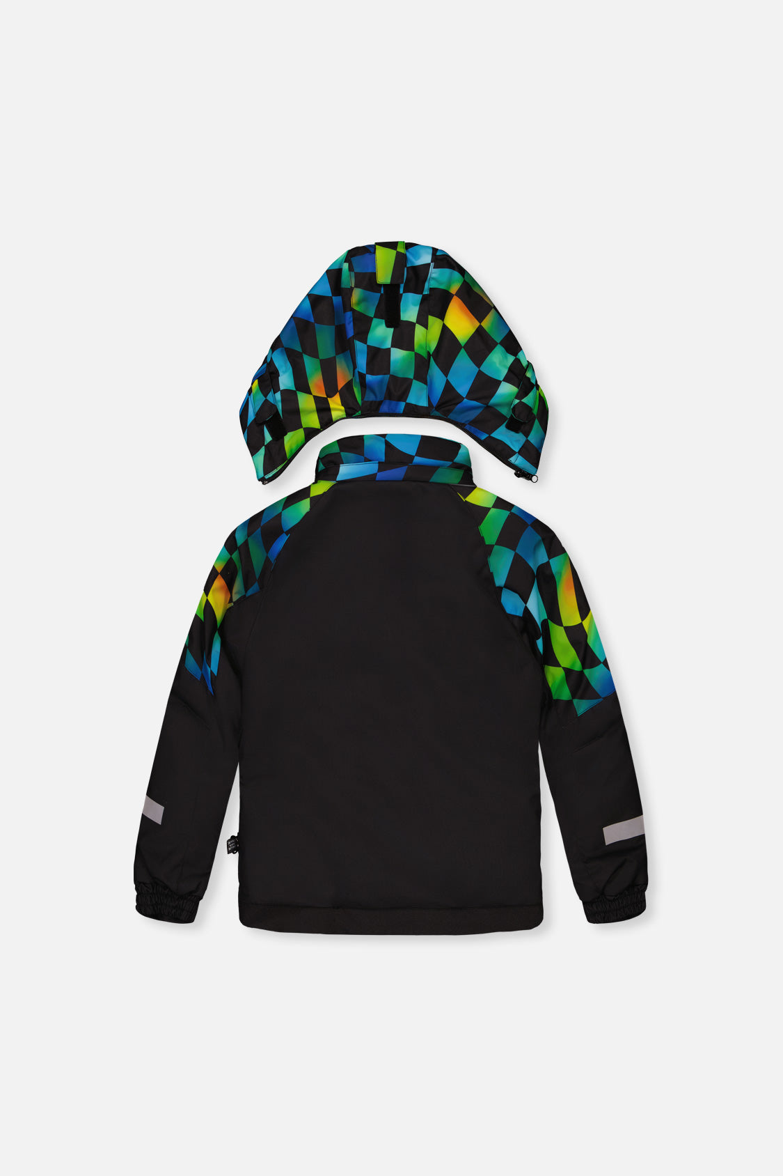 Black PLAY jacket with checkerboard hood and shoulders, back view