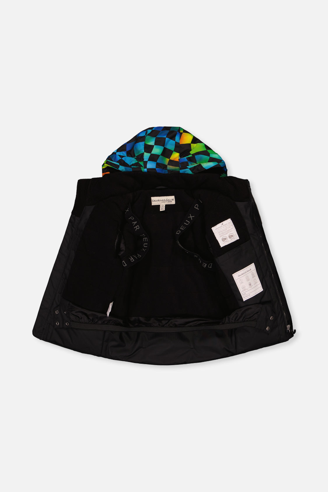 Black PLAY jacket opened to show the black fleece lining and inner backpack straps