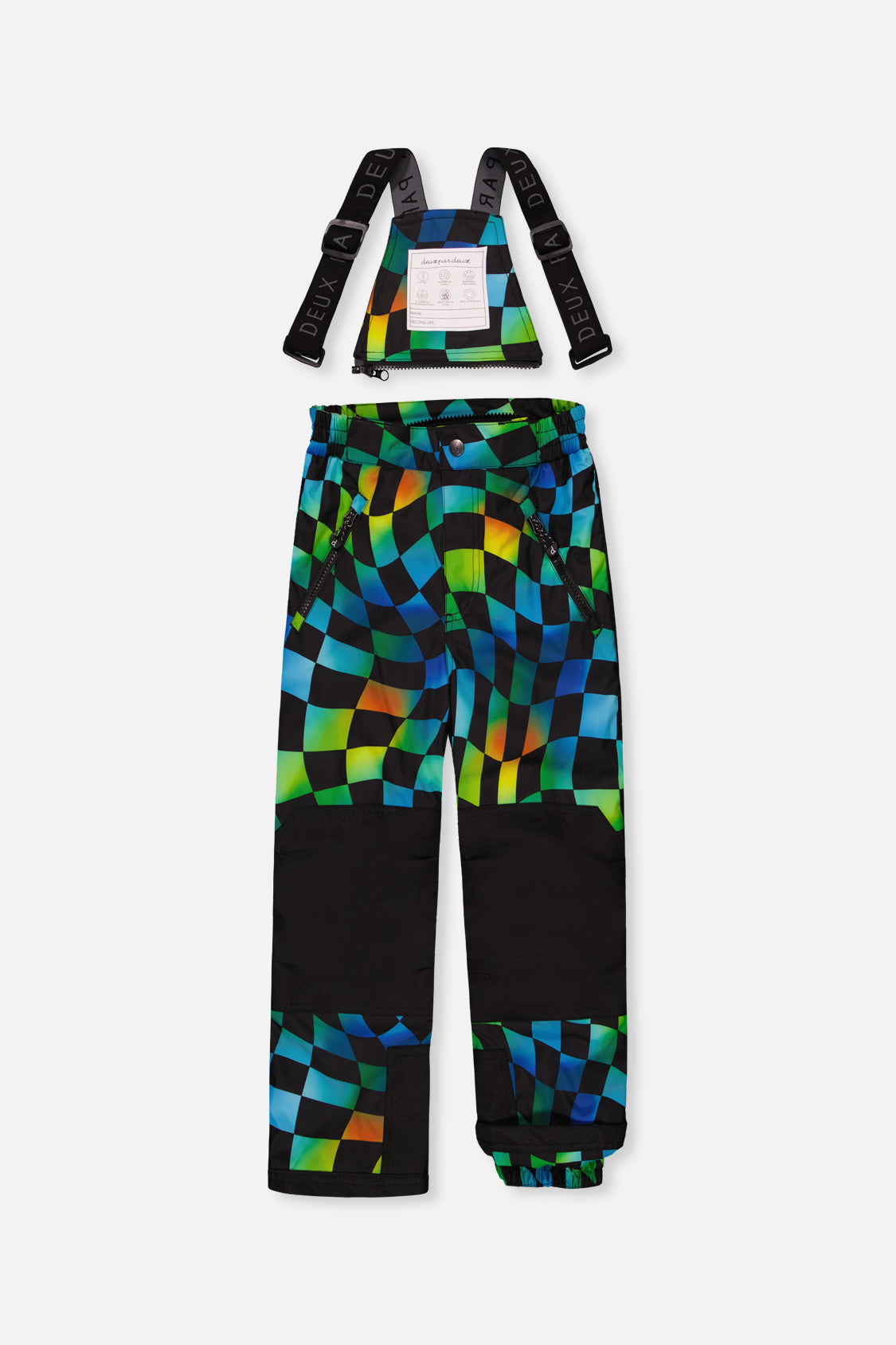 Checkerboard PLAY bib snow pants with black reinforced knees and suspenders, front view
