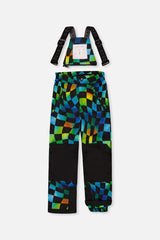 Checkerboard PLAY bib snow pants with black reinforced knees and suspenders, front view