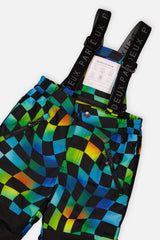 Close-up of the checkerboard snow pants waist, suspenders and zippered pocket