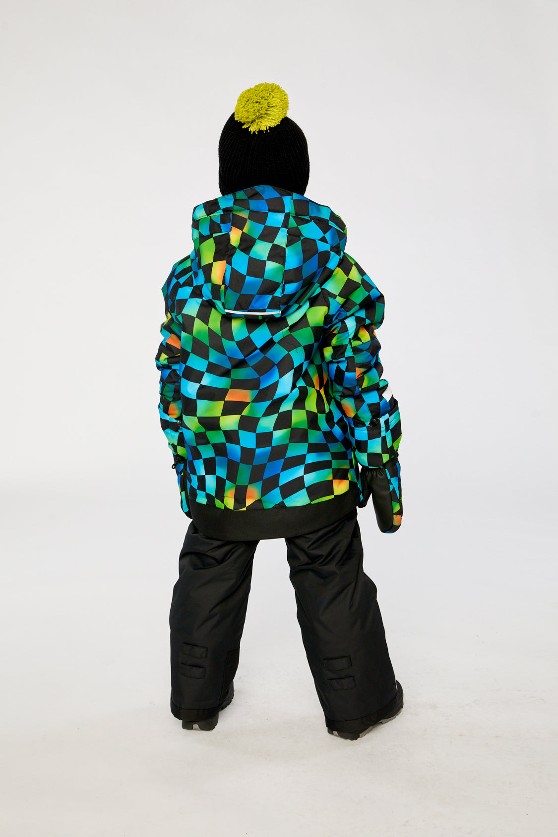 Two Piece Play Snowsuit Green Yellow And Blue Checkerboard With Black Pants-3