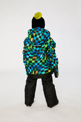 Two Piece Play Snowsuit Green Yellow And Blue Checkerboard With Black Pants-3