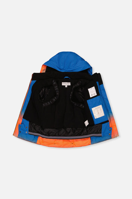 Deux par Deux boys' PLAY snowsuit, blue and orange gradient jacket with black pants, additional angle