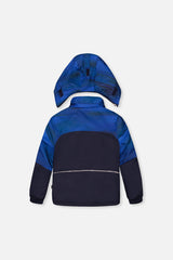 Back view of the navy and blue PLAY jacket with hood