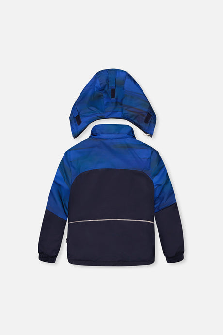 Back view of the navy and blue PLAY jacket with hood