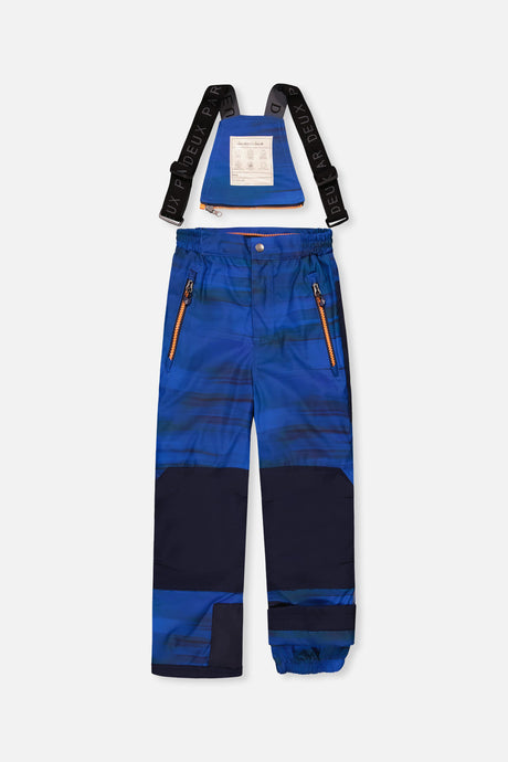 Blue printed PLAY snow bib pants with navy reinforcements, front view