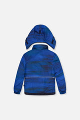Back view of the blue printed PLAY jacket with hood