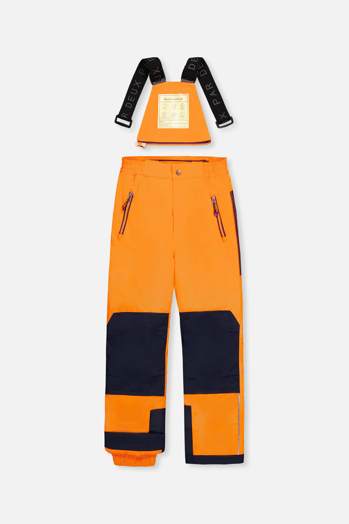 Orange PLAY snow bib pants with navy knee and hem reinforcements, front view