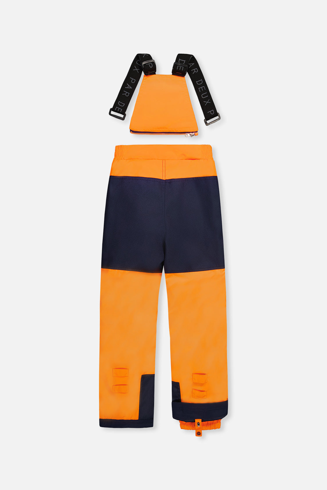 Back view of the orange snow bib pants with navy reinforced seat