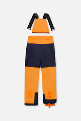Back view of the orange snow bib pants with navy reinforced seat