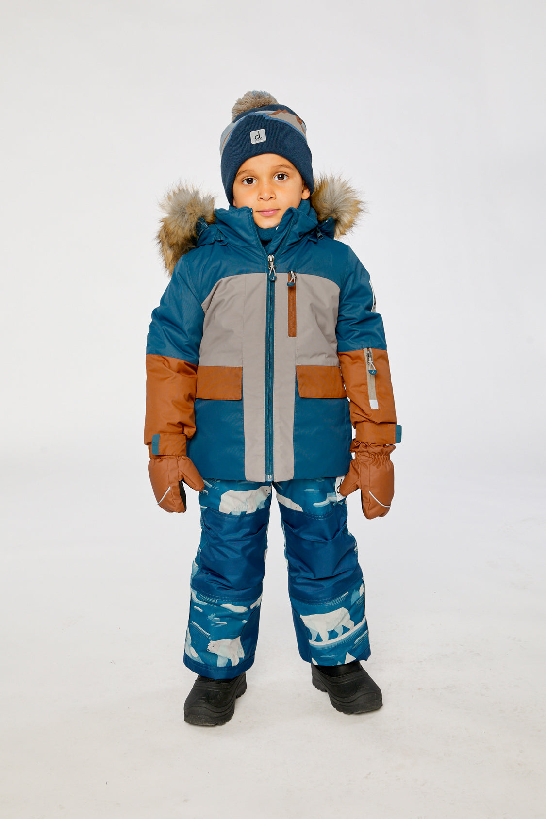 Two Piece Play Snowsuit Navy And Rust Colorblock With Blue Bear Print Pants-3