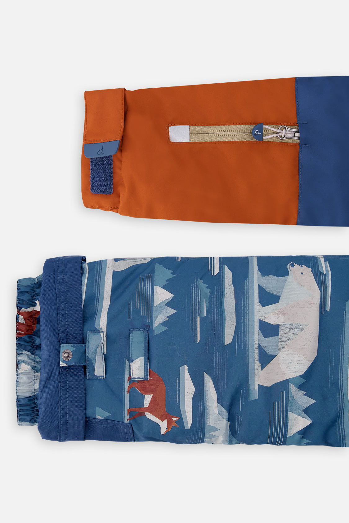 Deux par Deux boys' PLAY snowsuit with navy and rust colorblock jacket and blue bear-print pants, alternate studio shot