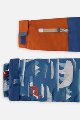 Deux par Deux boys' PLAY snowsuit with navy and rust colorblock jacket and blue bear-print pants, alternate studio shot