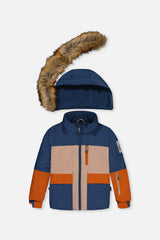 Deux par Deux boys' PLAY snowsuit with navy and rust colorblock jacket and blue bear-print pants, back view