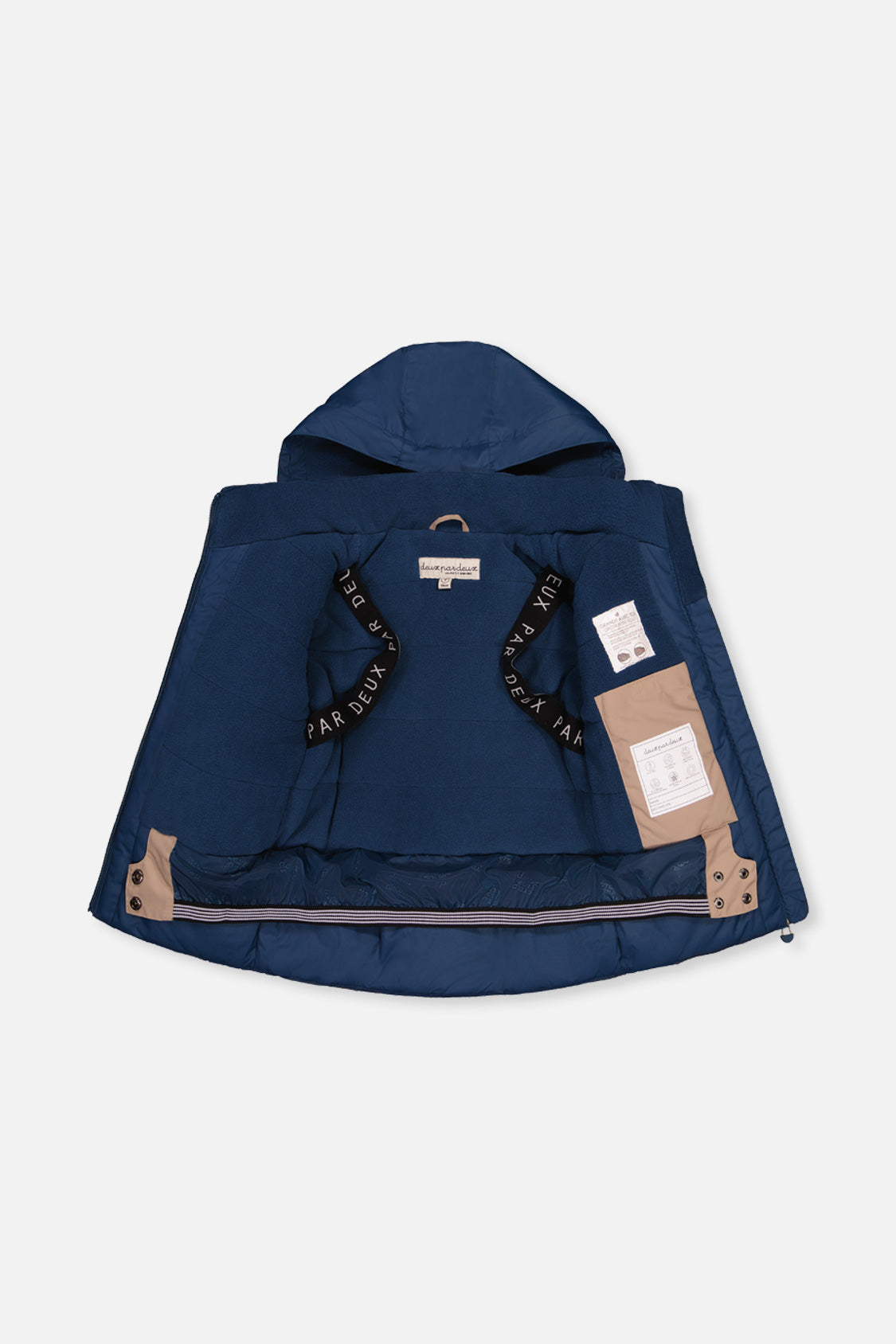 Deux par Deux boys' PLAY snowsuit with navy and rust colorblock jacket and blue bear-print pants, additional angle
