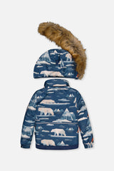 Deux par Deux boys' PLAY snowsuit with blue bear-print jacket and rust snow pants, alternate view