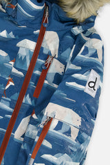 Deux par Deux boys' PLAY snowsuit with blue bear-print jacket and rust snow pants, additional studio angle