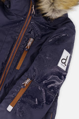 Deux par Deux boys' PLAY snowsuit with navy blue jacket and brown snow pants, additional studio angle