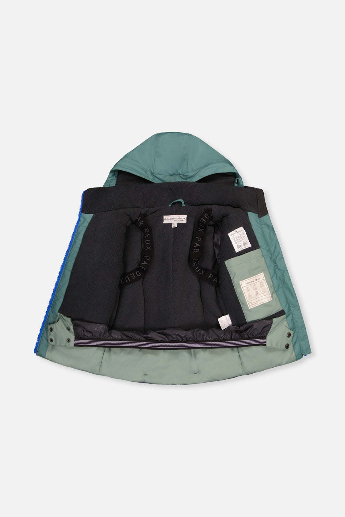 Deux par Deux green and navy PLAY jacket opened to show the black lining and inner straps