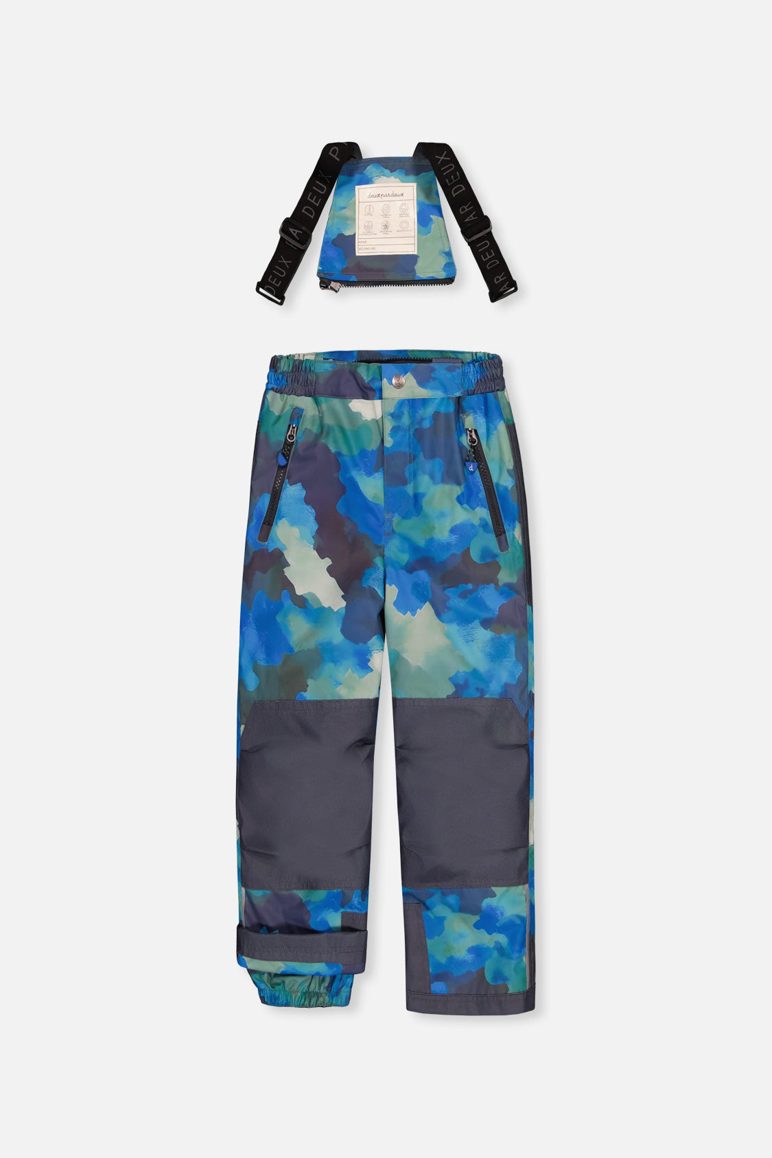 Deux par Deux blue camouflage PLAY bib snow pants with suspenders and reinforced knees, front view