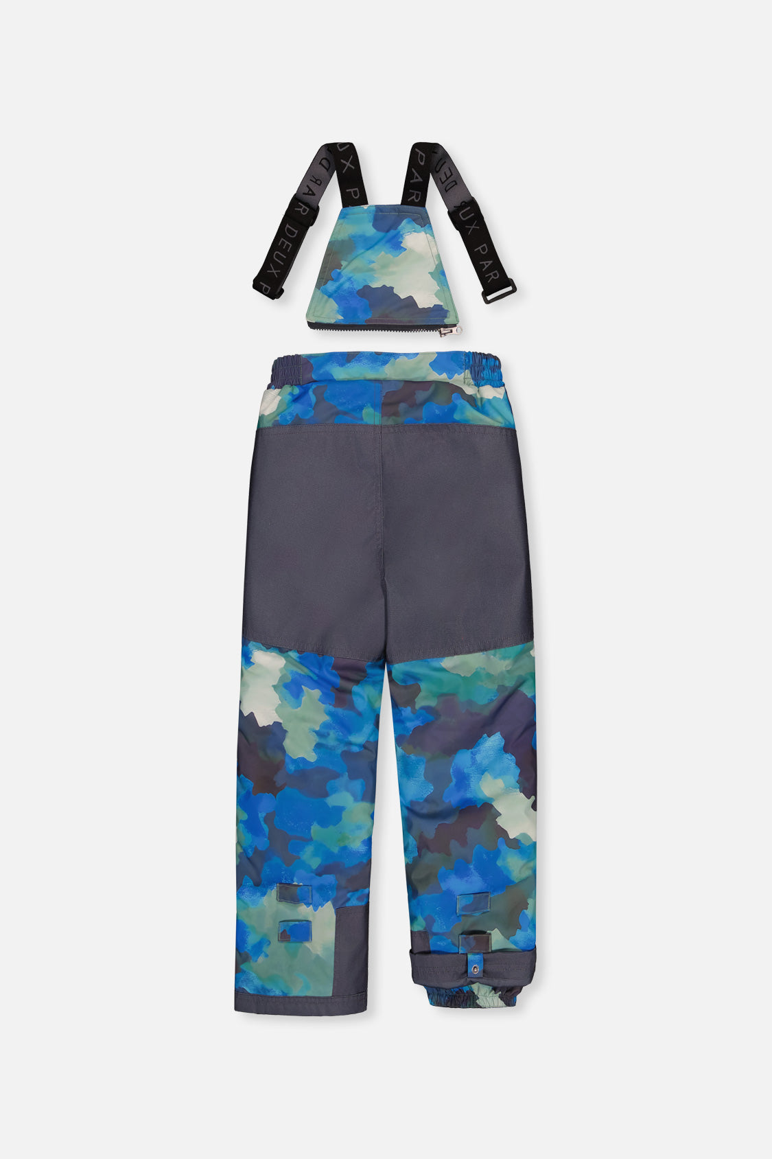 Deux par Deux blue camouflage PLAY bib snow pants with reinforced seat, back view