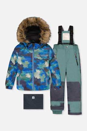 Two Piece Play Snowsuit Blue Camouflage Print With Green Pants-0