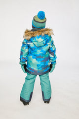 Two Piece Play Snowsuit Blue Camouflage Print With Green Pants-3