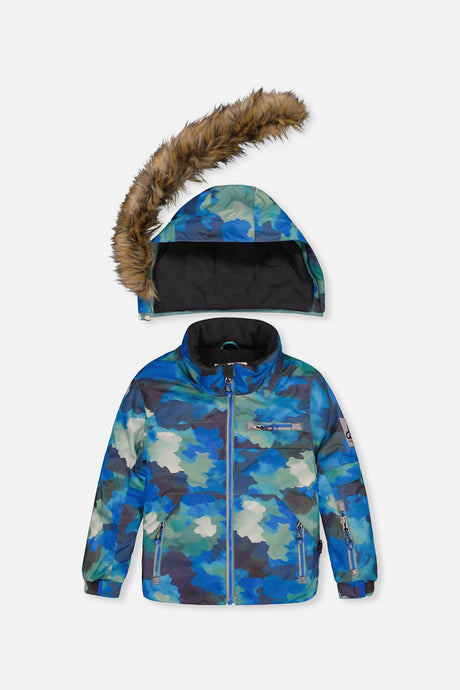 Two Piece Play Snowsuit Blue Camouflage Print With Green Pants-4