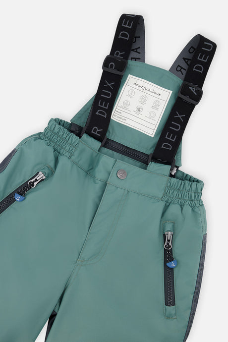 Deux par Deux boys' PLAY snowsuit, blue camouflage jacket with green pants, further studio view