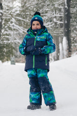 Child wearing the Deux par Deux blue and green checkered PLAY snowsuit, lifestyle photo 3