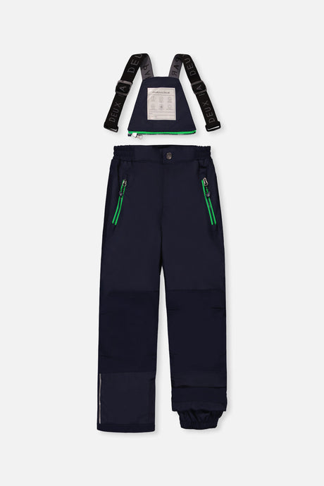 Deux par Deux navy PLAY bib snow pants with suspenders and green zip pockets, front view