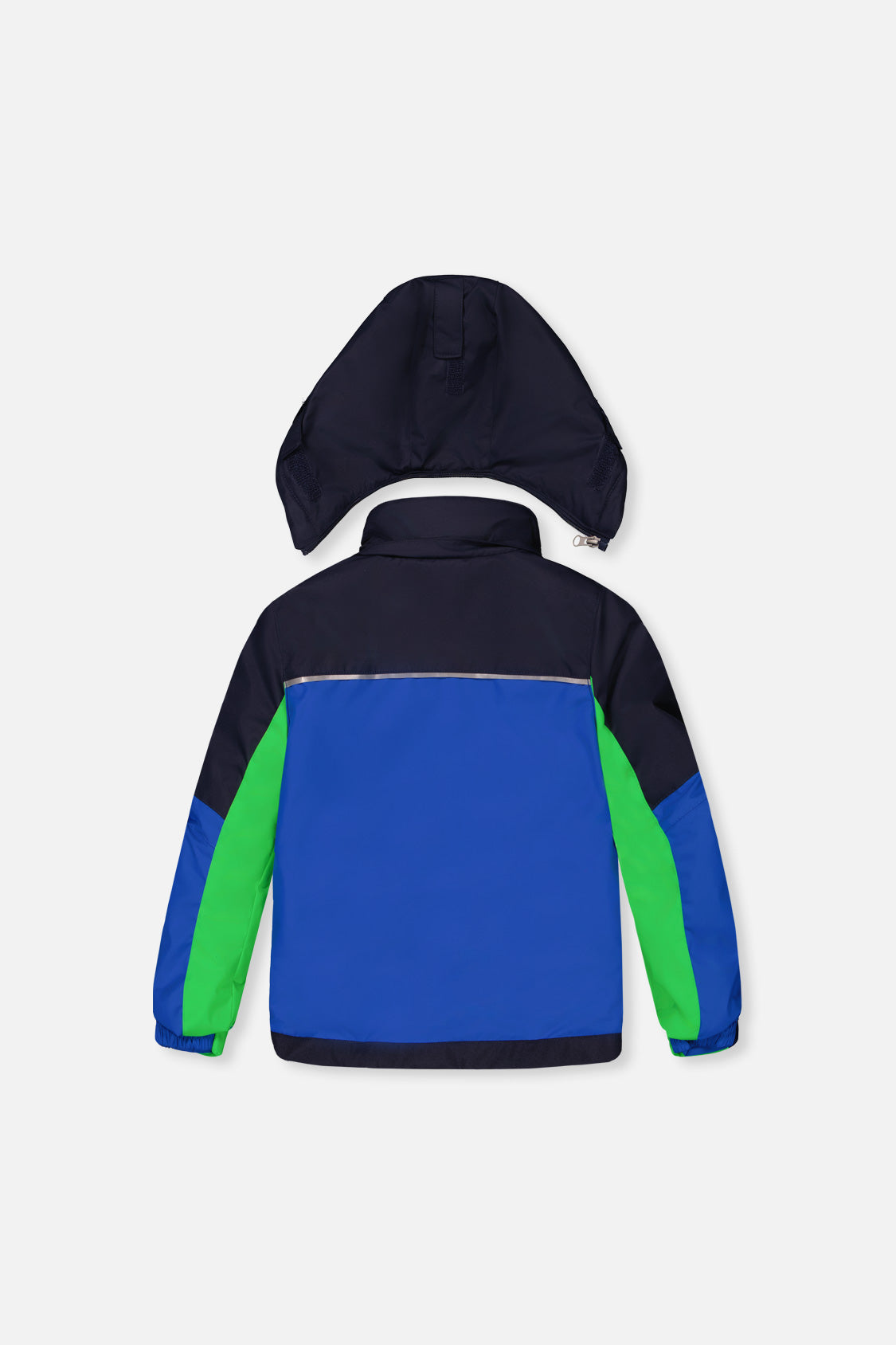 Deux par Deux royal blue and green colorblock PLAY jacket, back view with hood detached