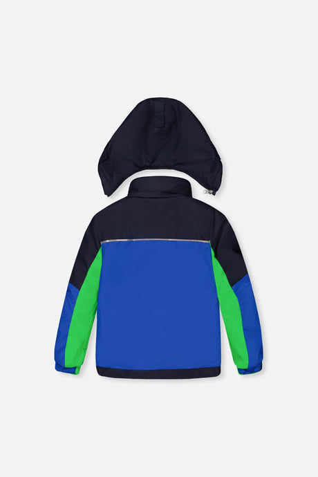 Deux par Deux royal blue and green colorblock PLAY jacket, back view with hood detached