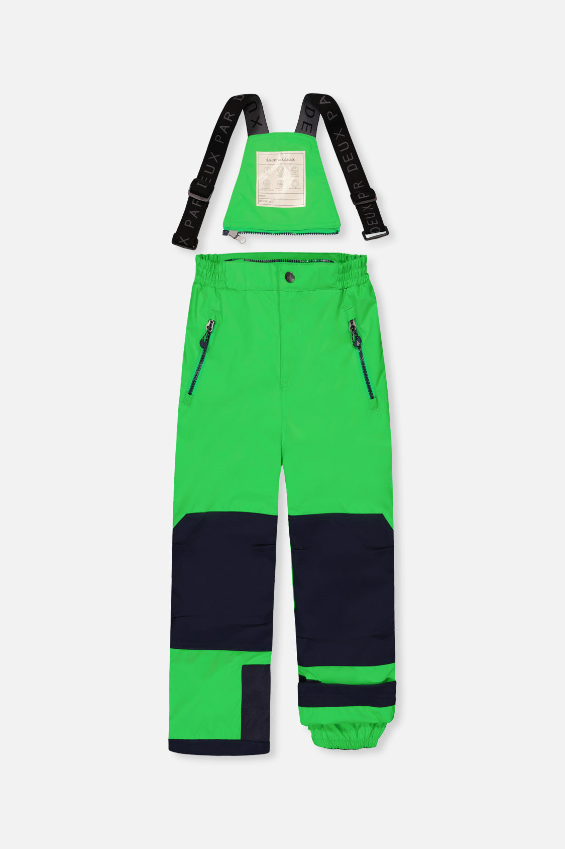 Deux par Deux green PLAY bib snow pants with suspenders and navy reinforced knees, front view