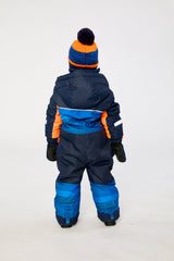 Child wearing the striped Deux par Deux snowsuit, lookbook image