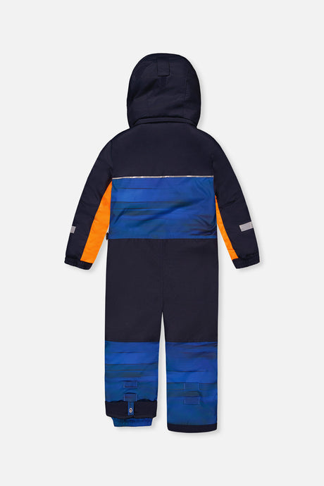 Deux par Deux boys' PLAY one-piece snowsuit, blue with black stripes, back view