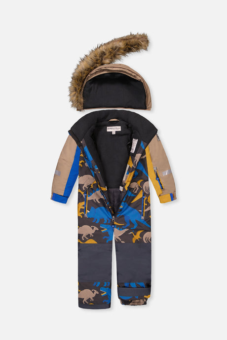 Deux par Deux grey and blue dinosaur one-piece PLAY snowsuit, product photo 3