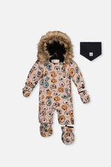 Baby One Piece Snowsuit Adapted For Car Seats Beige Dog Print-0