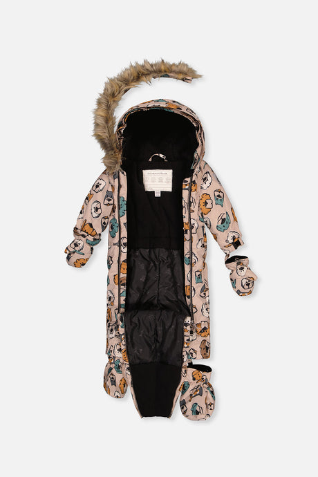 Deux par Deux baby boys' car-seat snowsuit, beige dog print, alternate view