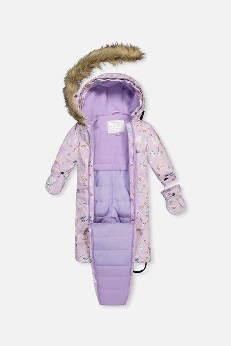 Deux par Deux baby girl one-piece car seat snowsuit in purple cat print, view 6