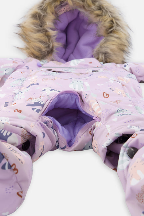 Deux par Deux baby girl one-piece car seat snowsuit in purple cat print, view 8