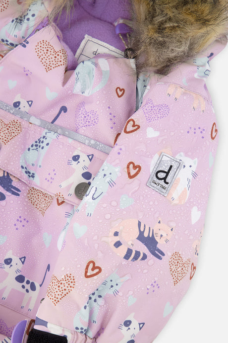 Deux par Deux baby girl one-piece car seat snowsuit in purple cat print, view 10