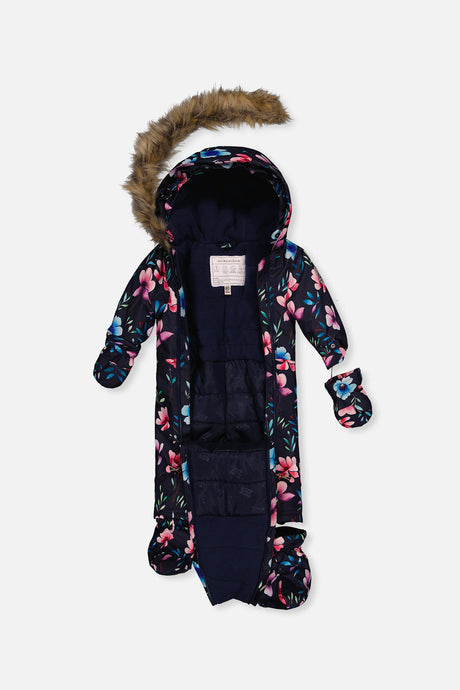 Deux par Deux baby girls' car-seat one-piece snowsuit in blue floral print, alternate view